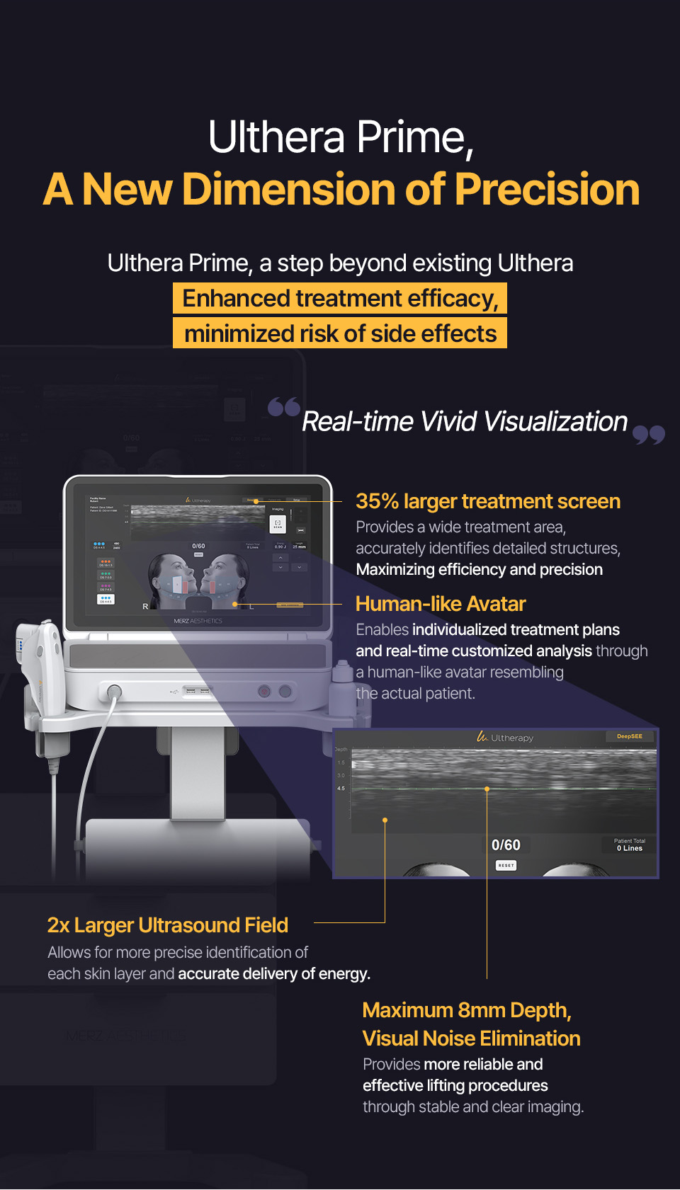 The Ulthera Prime at id dermatology features enhanced real-time ultrasound visualization, deeper targeting up to 8mm, and a wider screen for more accurate and safer lifting treatment planning.