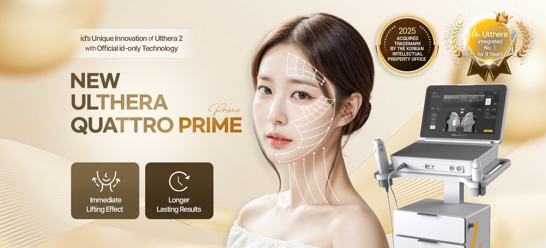 Non-surgical New Ulthera Quattro Prime facelift at id dermatology using real-time ultrasound face-mapping for precise lifting and skin tightening.