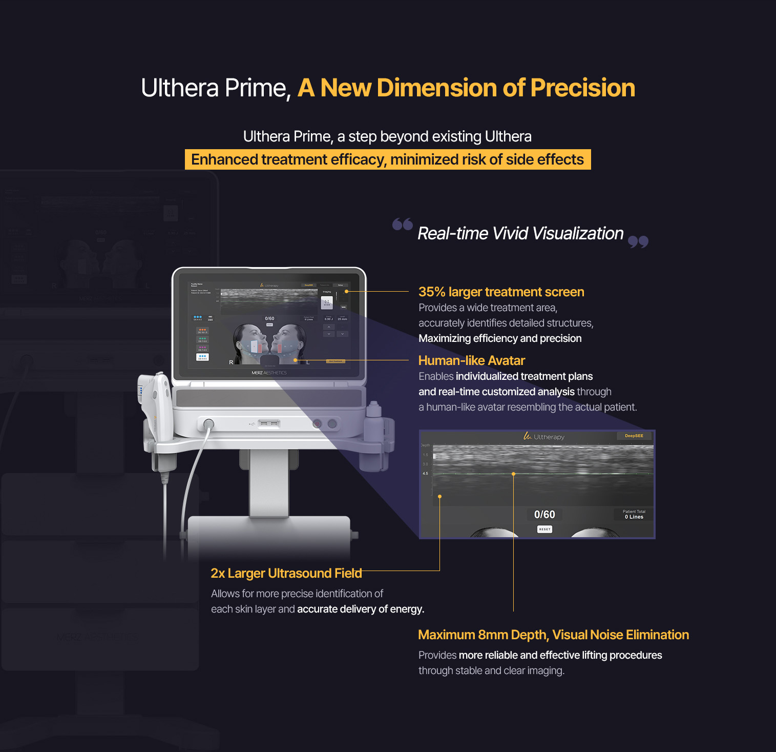 The Ulthera Prime at id dermatology features enhanced real-time ultrasound visualization, deeper targeting up to 8mm, and a wider screen for more accurate and safer lifting treatment planning.