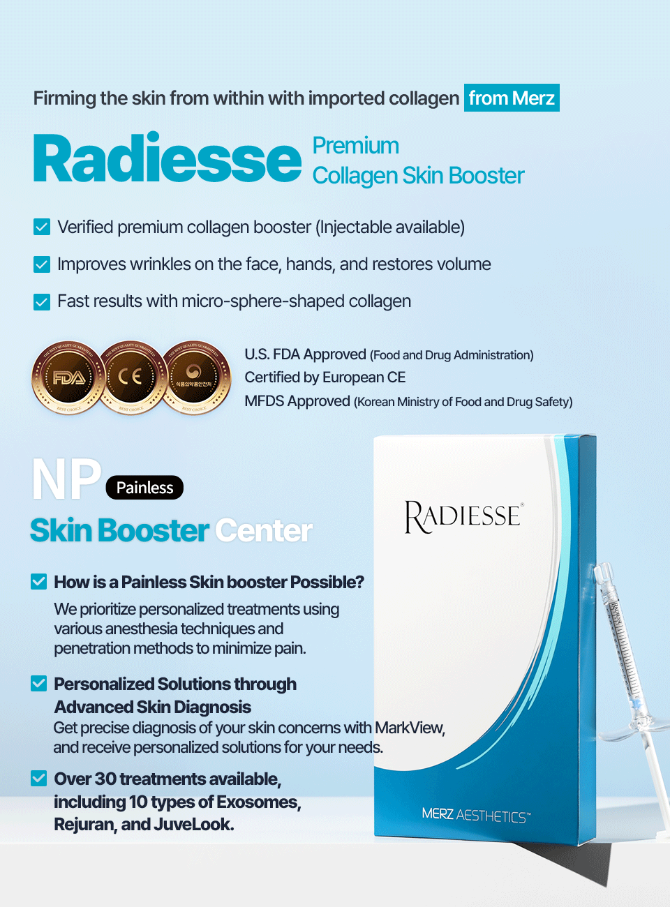 Radiesse collagen skin booster injection for facial lifting and wrinkle reduction at ID Dermatology, FDA and MFDS approved treatmen